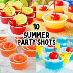 Collage of four summer jello shots with the text "10 Summer Party Shots."