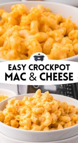 Collage pin with two white bowls of mac and cheese. Text reads "Easy Crockpot Mac & Cheese."