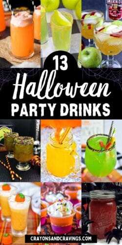 Halloween party drink recipe collage including orange sherbet float, caramel-drizzled green apple shot, apple cider in goblets, dark green sprinkle-rimmed drinks, neon green drink with gummy worms, yellow-orange cider with apple slice and cinnamon stick, pumpkin candy–topped shot, layered gelatin shots with whipped cream and sprinkles, and a red mason jar drink with fake spiders.