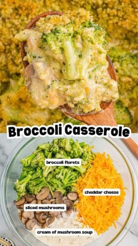 Collage pin showing a spoonful of broccoli casserole on top and a bowl of ingredients—broccoli, cheddar, mushrooms, and soup—on the bottom.