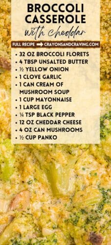 Pin titled “Broccoli Casserole with Cheddar” featuring a creamy casserole background and a recipe list overlay. Text includes ingredients like broccoli, butter, onion, garlic, cheddar, panko, and mushrooms.