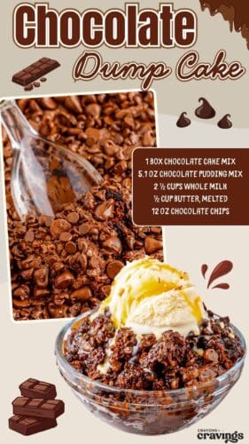 Collage pin with close-up of chocolate dump cake topped with melted chips, a bowl of the dessert with ice cream, and a list of ingredients: 1 box chocolate cake mix, 5.1 oz chocolate pudding mix, 2 ½ cups whole milk, ½ cup butter melted, 12 oz chocolate chips.