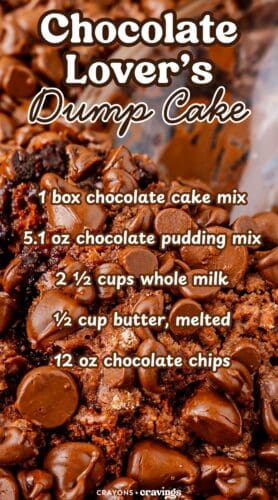 Pin showing a close-up of chocolate dump cake with melted chips. Overlaid text reads: “Chocolate Lover’s Dump Cake. 1 box chocolate cake mix, 5.1 oz chocolate pudding mix, 2 ½ cups whole milk, ½ cup butter melted, 12 oz chocolate chips.”
