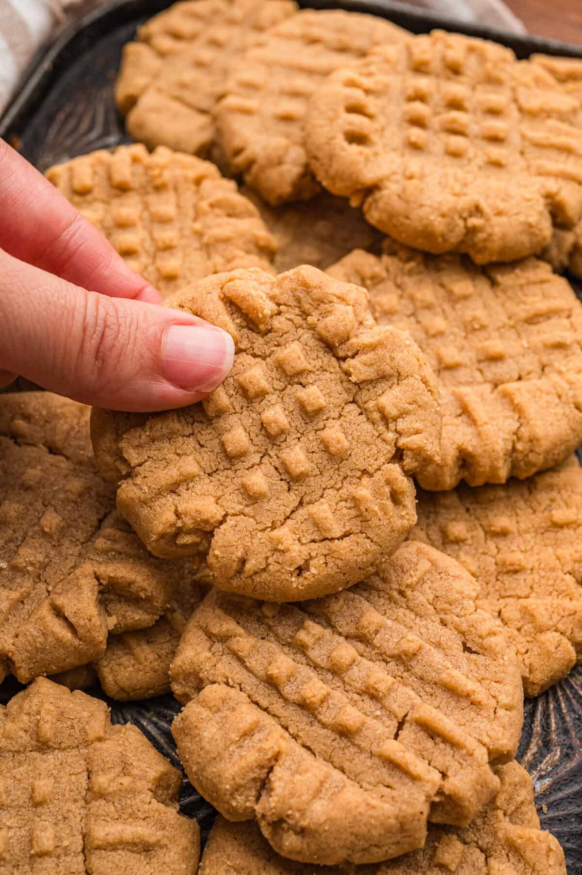 Hand lifting a 3 ingredient peanut butter cookie from a tray of cookies.