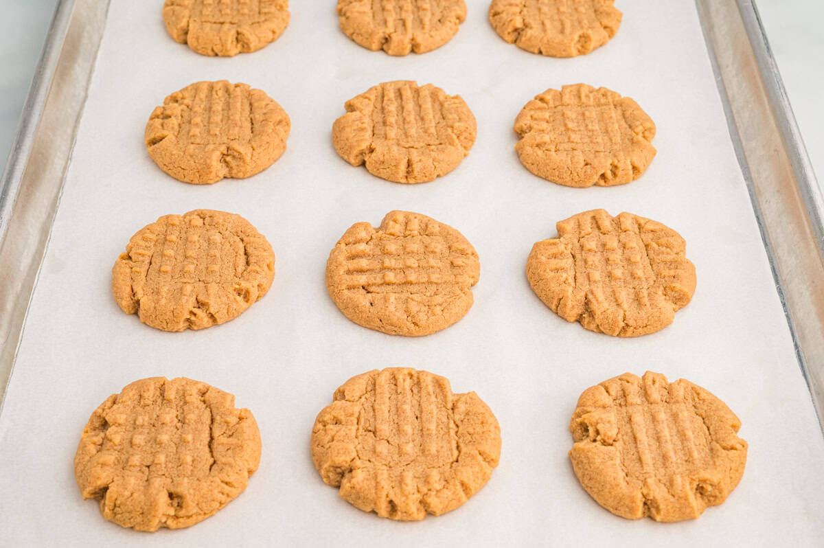 Freshly baked peanut butter cookies arranged in rows on a parchment-lined baking sheet. Each cookie has the typical fork-pressed pattern on top.