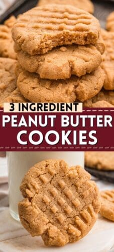 Collage pin of 3 ingredient peanut butter cookies with top image showing a stack of soft peanut butter cookies, the top one partially bitten. The bottom image displays a single crisscross peanut butter cookie resting against a glass of milk on a white surface.