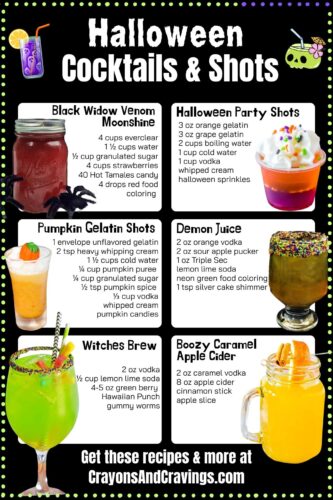 Image titled “Halloween Cocktails & Shots” with six Halloween themed drink recipes: Black Widow Venom Moonshine, Halloween Party Shots, Pumpkin Gelatin Shots, Demon Juice, Witches Brew, and Boozy Caramel Apple Cider.