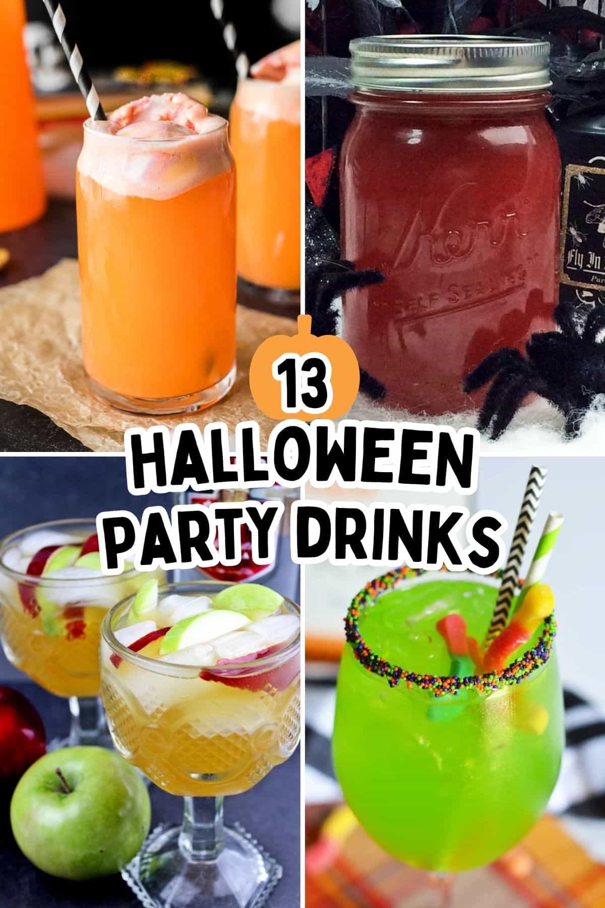 Collage pin featuring colorful Halloween party drinks. Text reads “13 Halloween Party Drinks.”