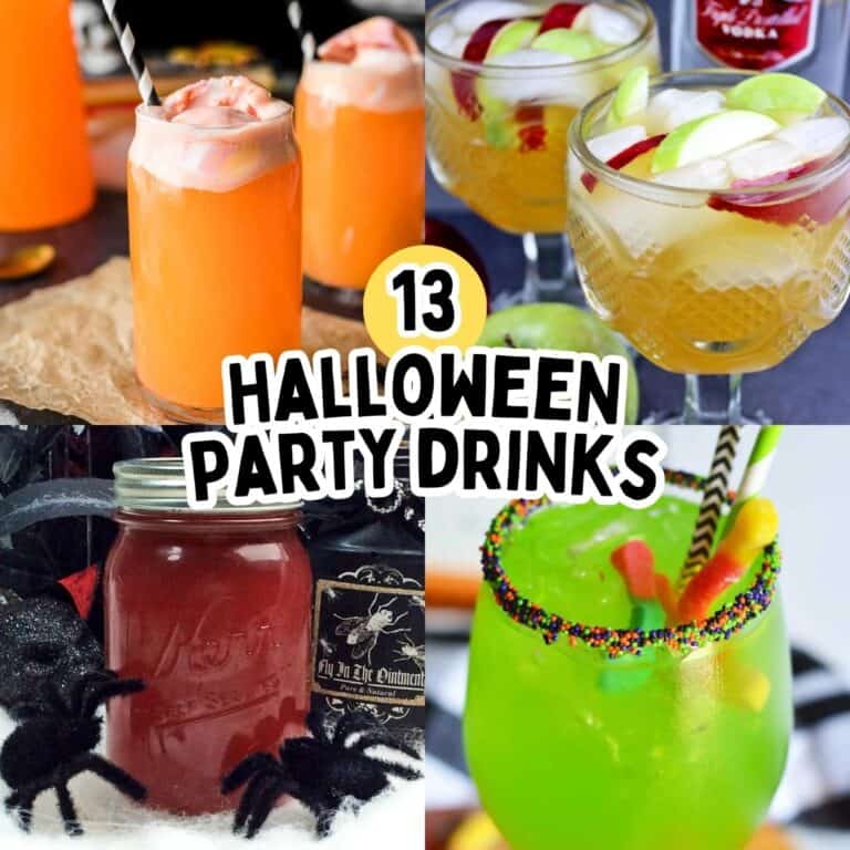 Collage with four colorful Halloween drinks. Text reads “13 Halloween Party Drinks.”