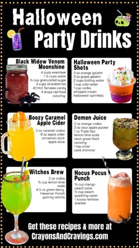 Image titled “Halloween Party Drinks” with six drink recipes: Black Widow Venom Moonshine, Halloween Party Shots, Boozy Caramel Apple Cider, Demon Juice, Witches Brew, and Hocus Pocus Punch. Each recipe includes ingredients and is paired with a drink photo. Website listed as CrayonsAndCravings.com.