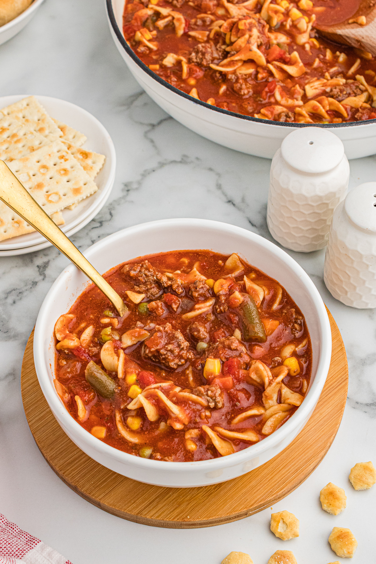 Bowl of hamburger soup with a spoon, surrounded by crackers and a large pot of soup.