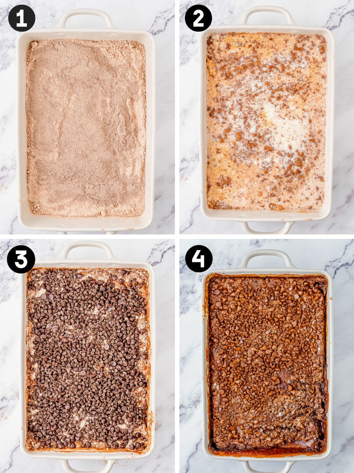 Four-step collage showing the process of making chocolate dump cake.