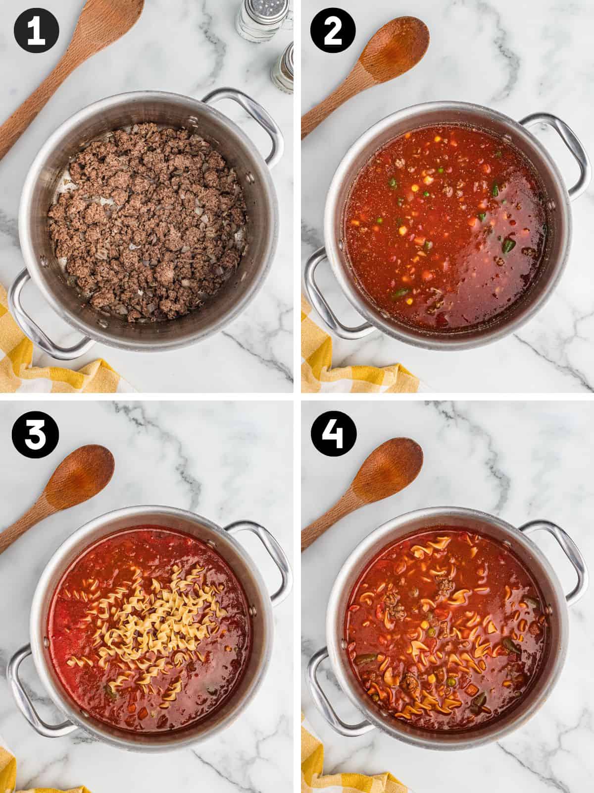 amburger noodle soup collage pin with four steps: browning ground beef, adding broth and vegetables, stirring in egg noodles, and the finished soup with cooked noodles and beef in red broth.