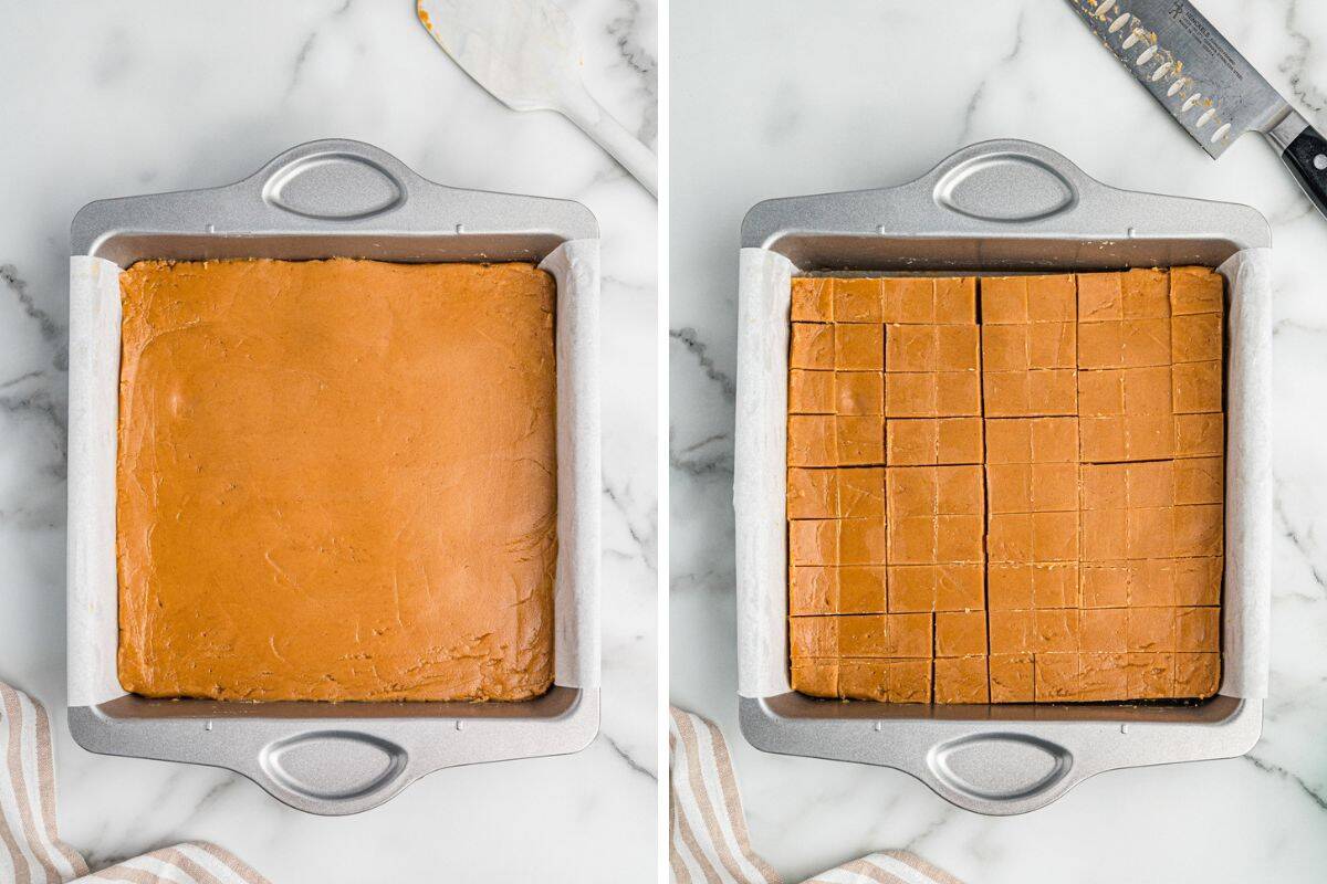 Side-by-side images of uncut and sliced peanut butter fudge in a baking pan.