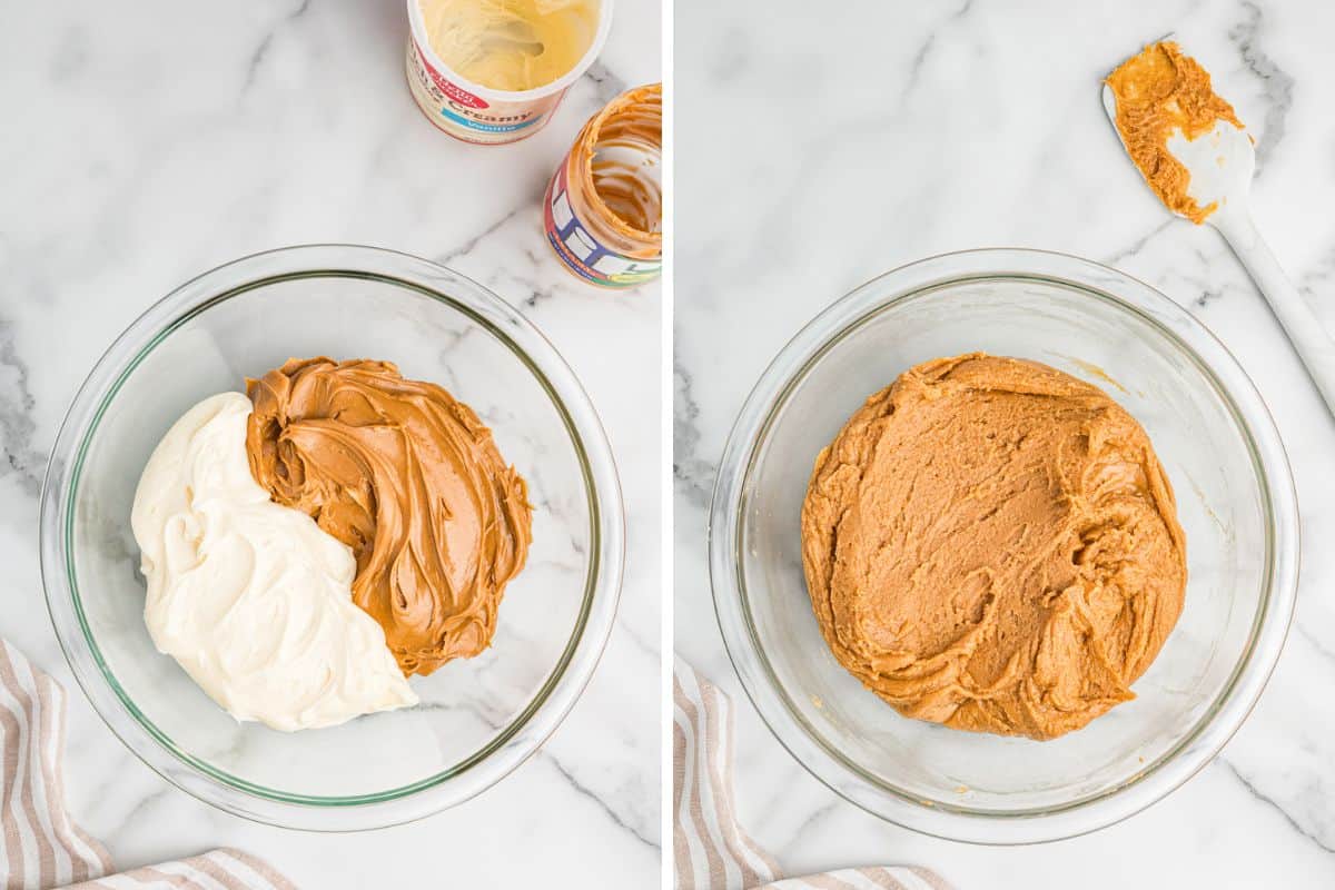 Side-by-side images of frosting and peanut butter being mixed in a bowl.