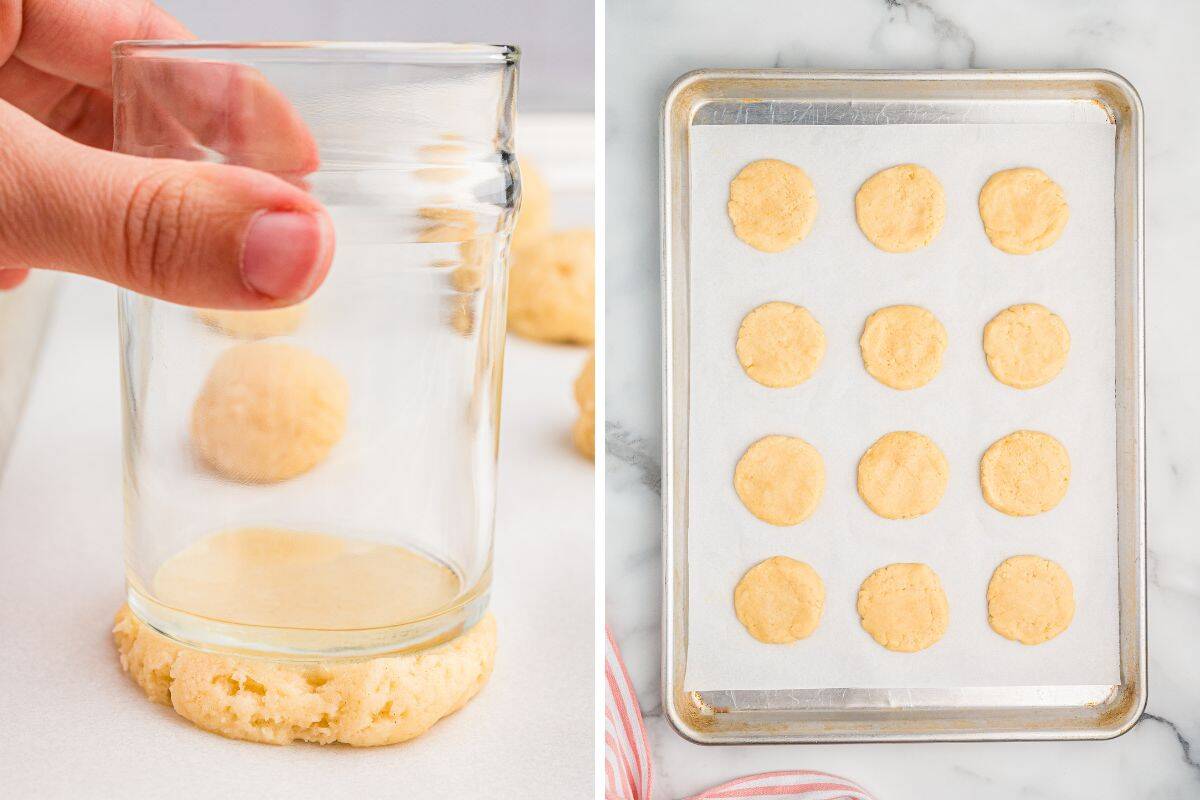 Side-by-side images showing cookie prep. The left image shows a hand using a glass to flatten a dough ball on parchment paper. The right image displays 15 flattened cookie dough rounds spaced on a baking sheet.