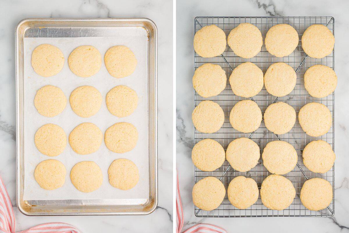 Side-by-side images of round, golden-brown cookies. The left image shows 15 cookies on a parchment-lined baking sheet. The right image shows 24 cookies arranged on a wire cooling rack.