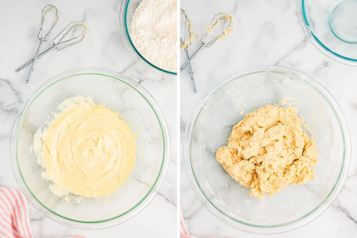 Two side-by-side images showing cookie dough in mixing bowls. The left image shows a bowl of creamy, beaten batter with beaters beside it. The right image shows a bowl with finished, thick dough.