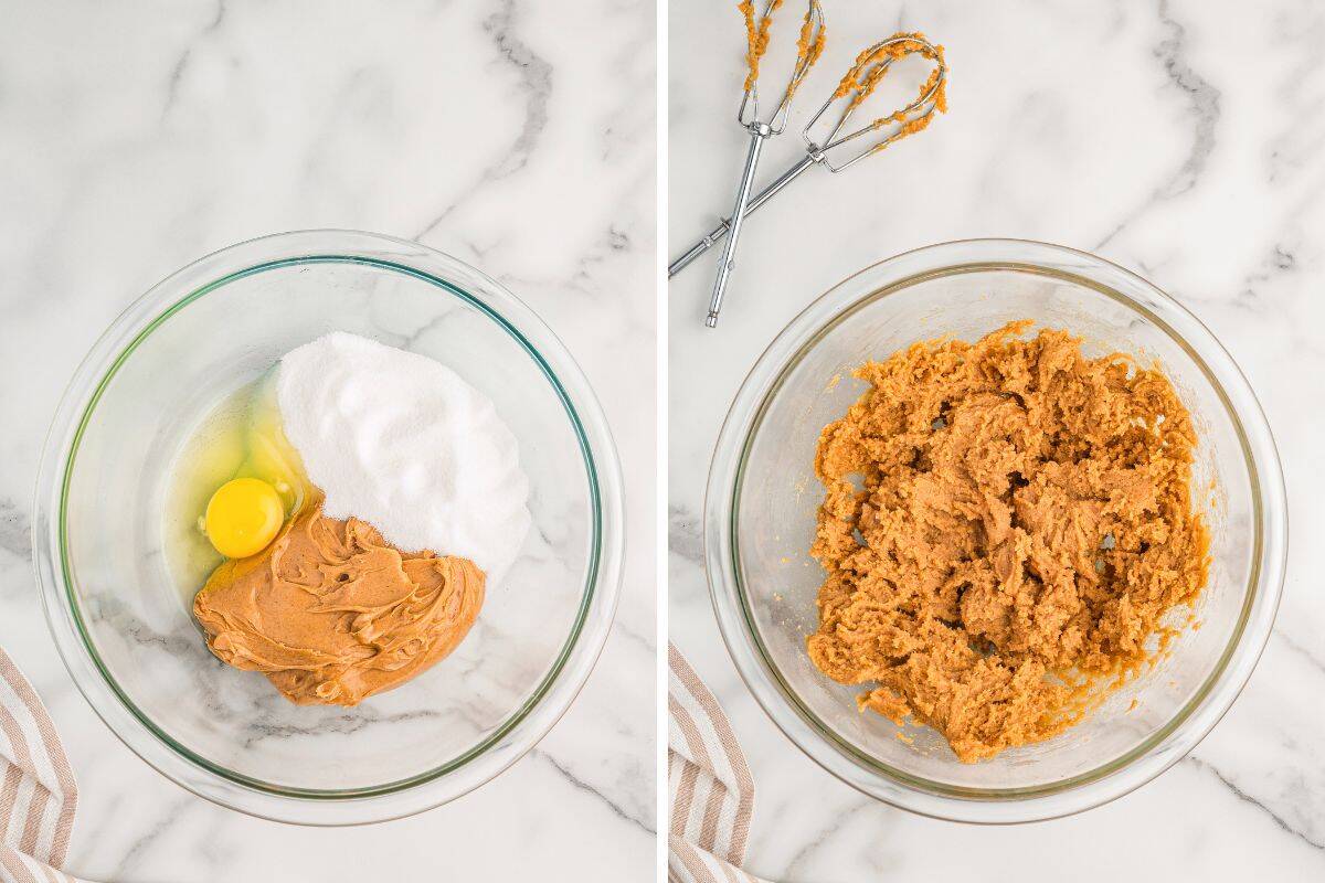 Side-by-side images showing ingredients for peanut butter cookies before and after mixing.
