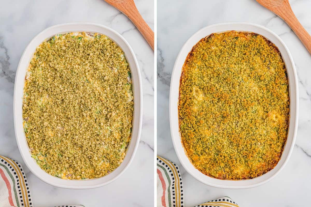 Side-by-side images of a white baking dish with broccoli casserole; the left shows the unbaked casserole topped with green breadcrumbs, and the right shows the same dish fully baked with a golden brown crust.
