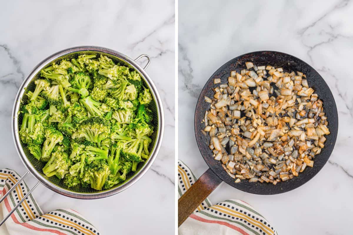 Split image showing a colander filled with steamed broccoli florets on the left, and a skillet with sautéed chopped onions on the right.