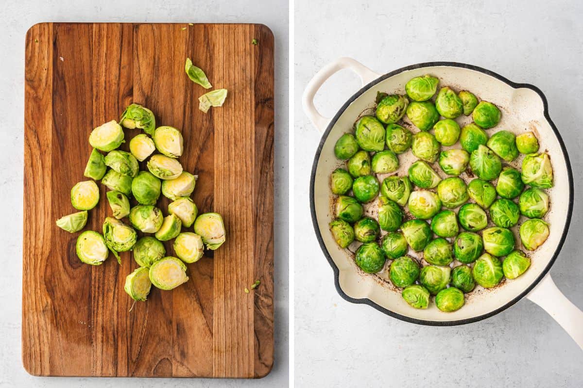 Halved Brussels sprouts on a cutting board and placed cut-side down in a white skillet on the right, beginning to brown.