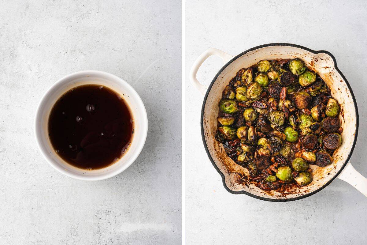 Split image showing a bowl of sauce and a skillet of caramelized Brussels sprouts.