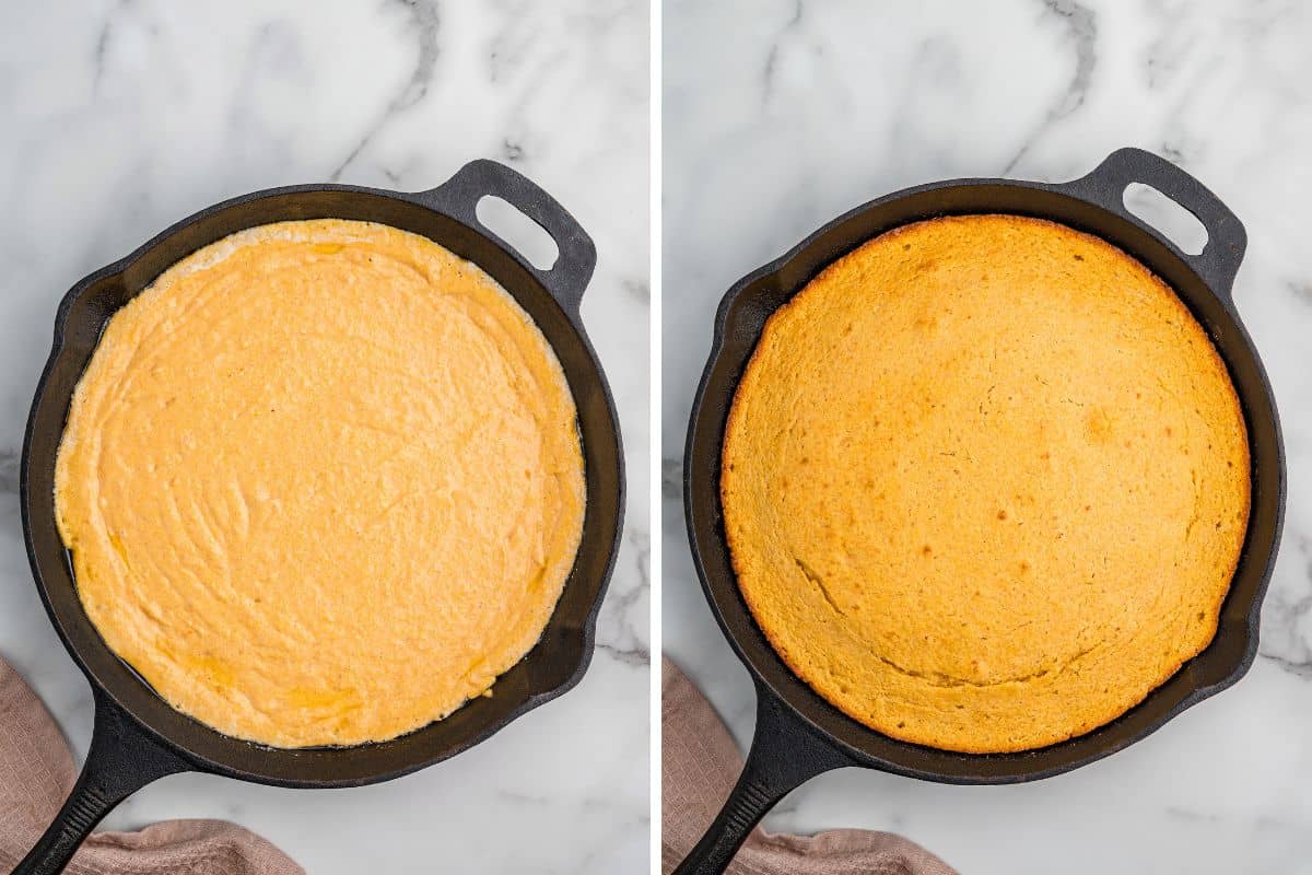 Sweet potato cornbread batter and baked cornbread shown in a skillet.