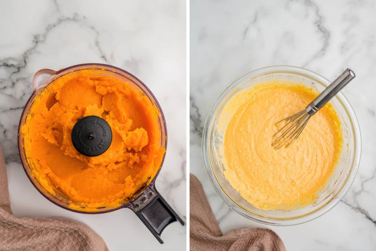 Mashed sweet potato in a food processor and mixed sweet potato cornbread batter in a glass bowl.
