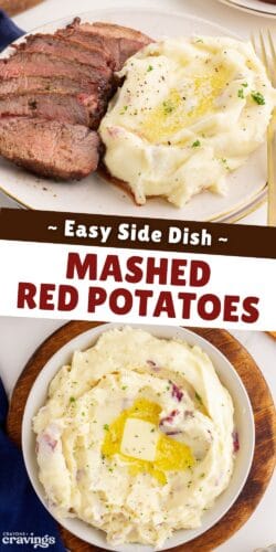 Collage pin with sliced beef and red skin mashed potatoes. Text reads “Easy Side Dish Mashed Red Potatoes.”