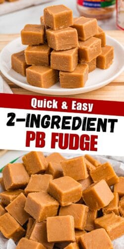 Collage pin showing cubes of peanut butter fudge. Text reads "Quick & Easy 2-Ingredient PB Fudge."
