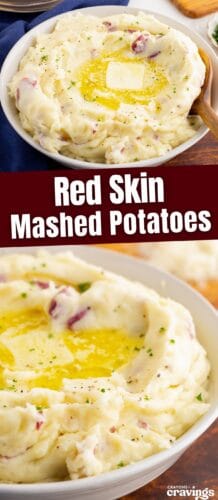 Collage pin with two images of mashed potatoes with red skin, both topped with melted butter and herbs. Bold red banner in the center reads “Red Skin Mashed Potatoes.”