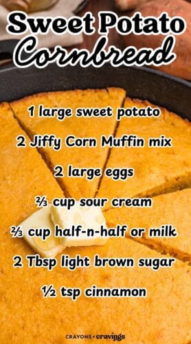 Sweet potato cornbread in a skillet with pats of butter on top and ingredient list overlay.