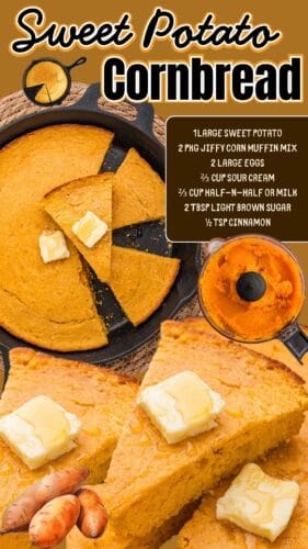 Collage pin with sweet potato cornbread, mashed sweet potatoes, and ingredients list.