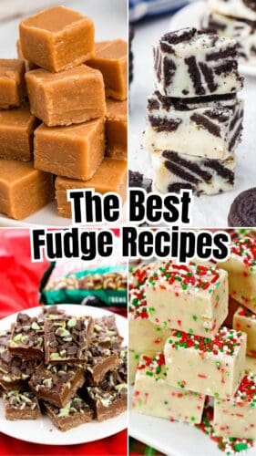 Collage pin with 4 types of fudge including peanut butter, Oreo, and holiday sprinkle fudge. Text reads "The Best Fudge Recipes."