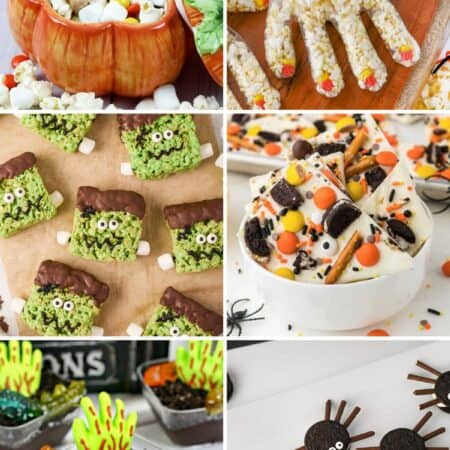 Six no-bake Halloween treats: Fall snack mix, popcorn hands, Frankenstein Rice Krispie treats, Halloween bark, zombie pudding cups, and Oreo spiders.