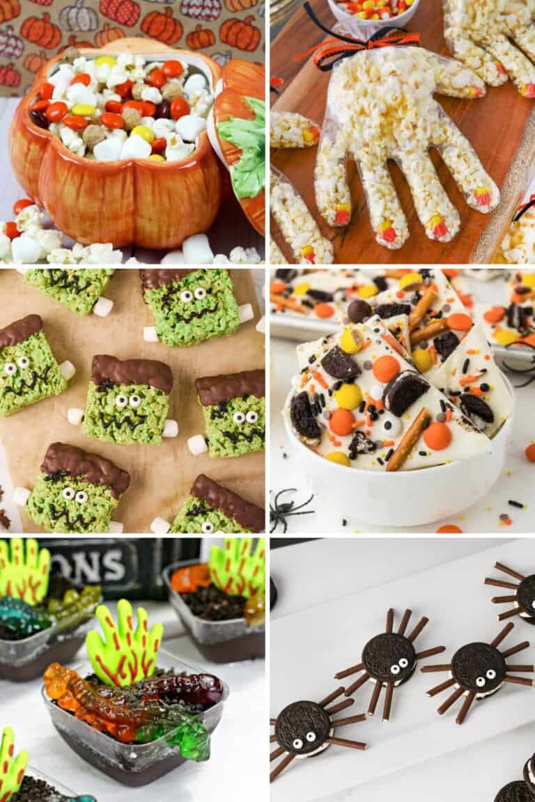 Six no-bake Halloween treats: Fall snack mix, popcorn hands, Frankenstein Rice Krispie treats, Halloween bark, zombie pudding cups, and Oreo spiders.