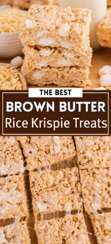 Collage pin with stacked brown butter Rice Krispie treats and close-up slices. Text reads “The Best Brown Butter Rice Krispie Treats.”