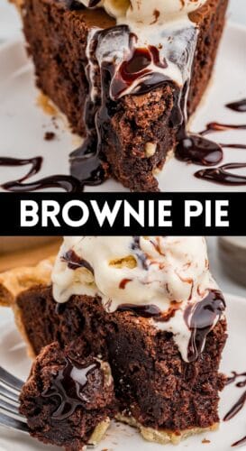 Collage pin with two photos of brownie pie topped with vanilla ice cream and chocolate syrup.
