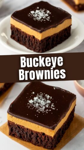 Collage pin with two images of a square buckeye brownie topped with flaky salt. The brownie is shown on both a white plate and parchment paper.
