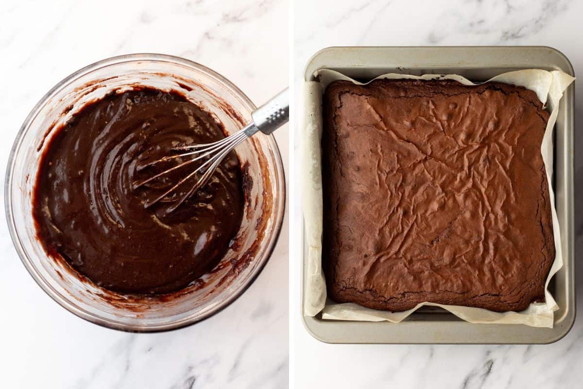 Side-by-side of brownie batter and baked brownies in a square pan.