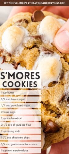 a close-up of a s’mores cookie held between fingers, featuring toasted marshmallows and chocolate chips. A semi-transparent overlay lists the recipe ingredients, including butter, sugars, flour, chocolate chips, and marshmallows.