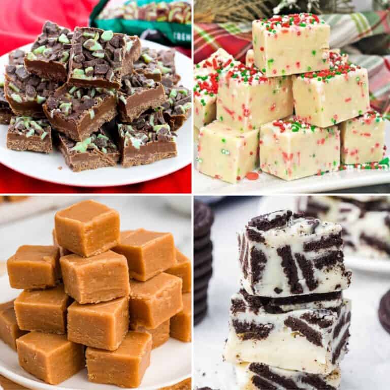 Four image fudge recipes collage with Andes mint chocolate fudge, Christmas cookie fudge, peanut butter fudge, and cookies and cream fudge.