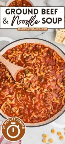 Pin with pot of beef soup and wooden spoon. Text reads "Ground Beef & Noodle Soup – 35 Minute Dinner."