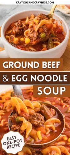 Ground beef and egg noodle soup recipe pin with bowl and ladle of soup. Text reads "Easy one-pot Recipe!"