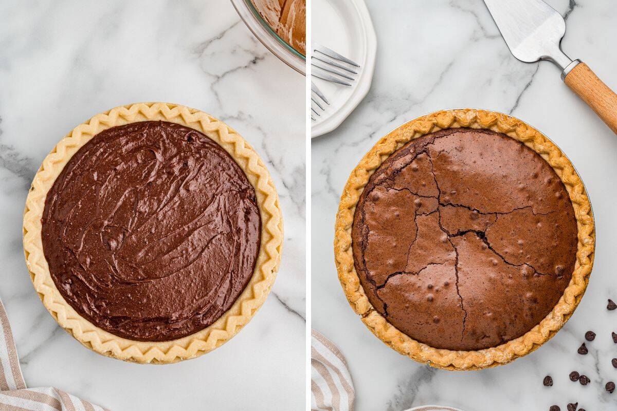 Side-by-side images of a brownie pie before and after baking.