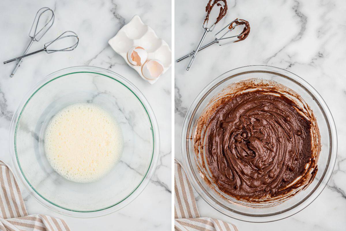 Two images showing brownie pie batter in progress. The left shows a glass bowl with light, foamy beaten eggs and the right shows the bowl filled with thick chocolate batter.