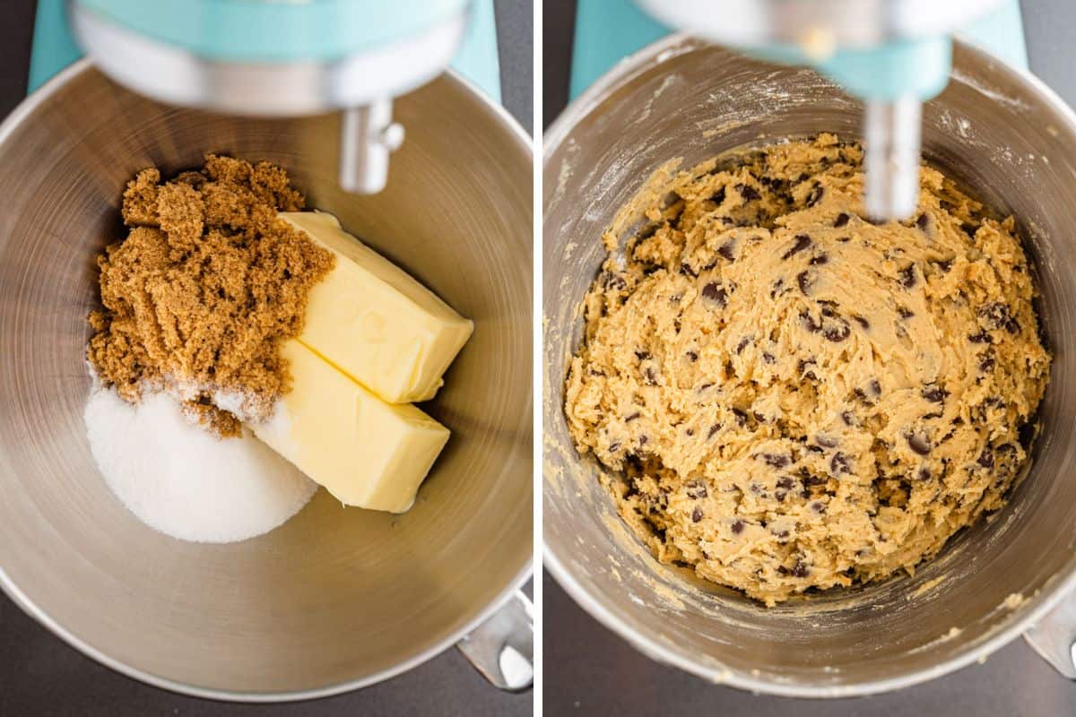 Split image showing a stand mixer bowl with sticks of butter, brown sugar, and granulated sugar on the left, and the fully mixed chocolate chip cookie dough on the right.