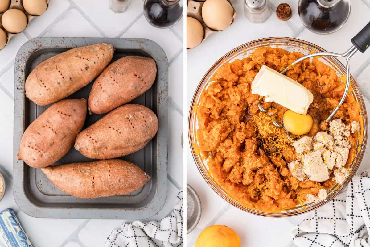 2-Image collage showing preparation steps for sweet potato casserole. The left image shows sweet potatoes with pierced skins on a metal baking sheet. The right image shows a large bowl of mashed sweet potatoes with unmixed ingredients on top, including butter, an egg, brown sugar, orange zest, and spices, along with a potato masher.