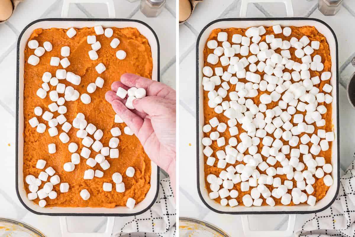 Two-step collage of marshmallows being added to sweet potato casserole.